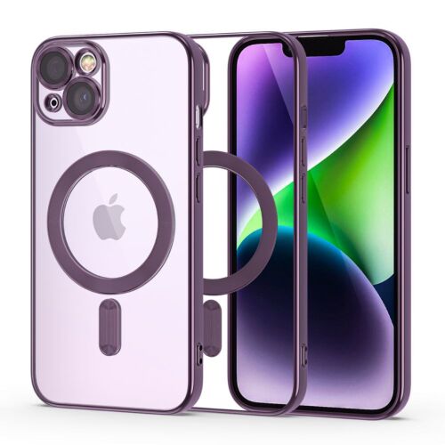 Tech-Protect MagShine Line MagSafe iPhone 14 tok, lila színben, bemutatva a MagSafe gyűrűt és az átlátszó hátlapot - Tech-Protect