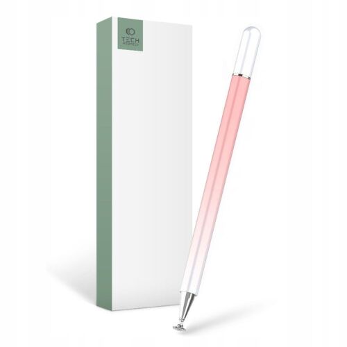 Tech-Protect Ombre Stylus táblagép toll rózsaszín ombre színben, átlátszó tetejével és mágneses heggyel, a csomagolása mellett - Érintőceruza