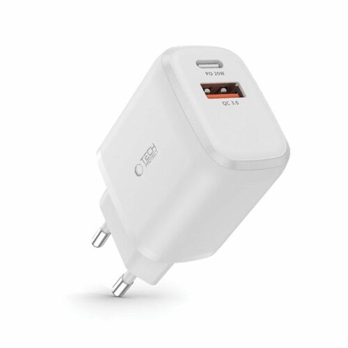 Tech-Protect C20W Dual Port Hálózati Töltő, fehér, USB-C PD 20W, USB-A QC 3.0 - Telefontöltő