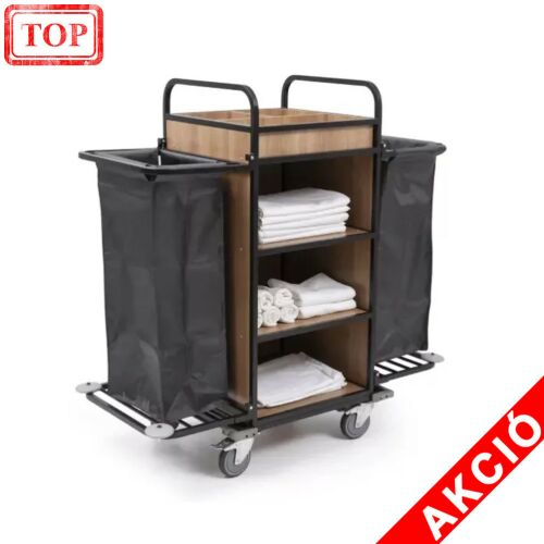 Szobaasszonyi kocsi (P-HM1411) takarítókocsi polcokkal és fekete textilzsákokkal