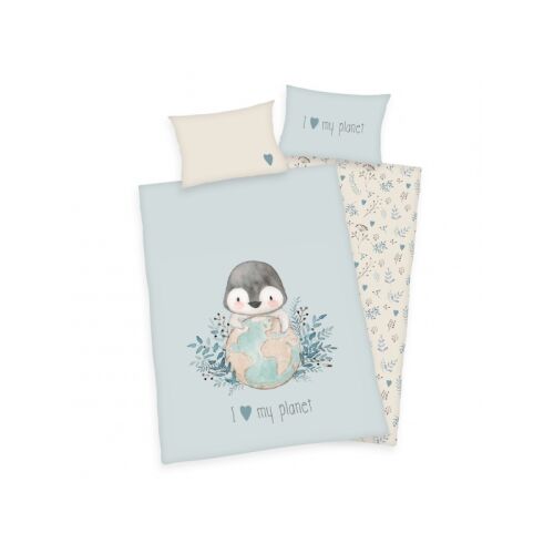 Pingvin Ágynemű Garnitúra - Kiságy - 100x135cm + 40x60cm szett, pingvin öleli a Földet minta