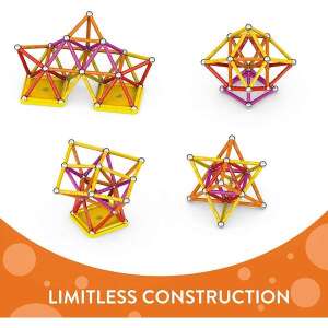 Joc de construcție magnetic Geomag Classic, 93 piese, linie verde, set de construcție, jucărie STEM, jucărie educativă, jucărie pentru copii, pentru vârste de la 3 la 99 de ani, arătând exemple de structuri care pot fi construite - Joc de construcție magnetic