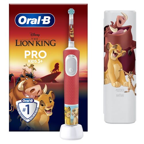 Elektrická zubná kefka Oral-B Pro Kids Lion King pre deti, 2D čistenie, 2 programy, 1 hlavica, 4 nálepky, cestovná súprava, červená