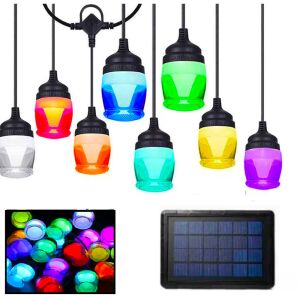 RGB kültéri napelemes izzósor 10 LED izzóval, a lámpák, napelem panel és az egyes izzók láthatók. Tökéletes kertbe, teraszra és egyéb kültéri helyekre. - Nonbrand Fényfüzér