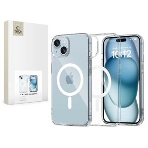 Husă transparentă Tech-Protect FlexAir MagSafe pentru Apple iPhone 15 cu telefon și ambalaj - Tech-Protect