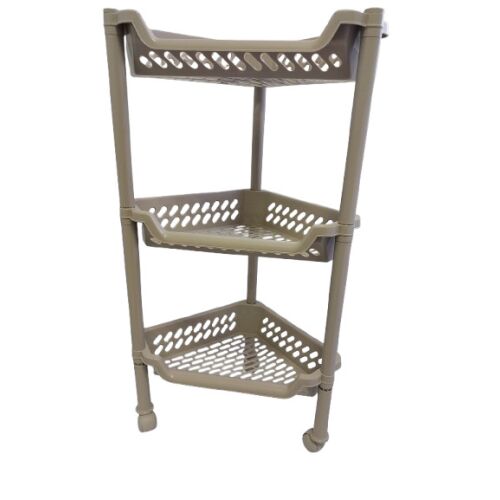 Bézs színű 3 polcos sarok polc kerekekkel, tökéletes fürdőszobai tároláshoz