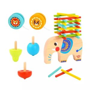 Tooky Toy Holz Geschicklichkeitsspiel Set mit Elefanten Balance Spiel, Jo-Jos und Kreiseln - Entwicklungsspiele für Kinder im Kindergartenalter