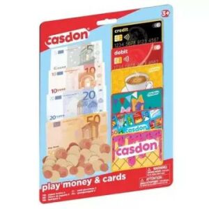Zestaw Casdon Play Money and Cards dla dzieci, zawiera banknoty euro, monety, karty kredytowe i debetowe do odgrywania ról - Sklep, zabawa, zakupy