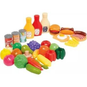 44-teiliges Spiellebensmittel-Set mit Obst, Gemüse, Gewürzen und Fast-Food-Artikeln - Spielzeug-Lebensmittel