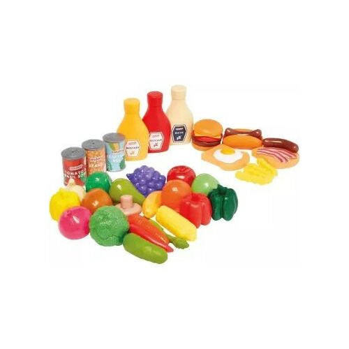 44-elementowy zestaw zabawek spożywczych, w tym owoce, warzywa, przyprawy i fast foody