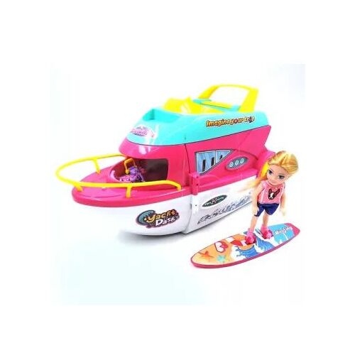 Lakóhajó szett babával: Rosa-weißes Spielzeug-Hausboot mit Puppe und Surfbrett