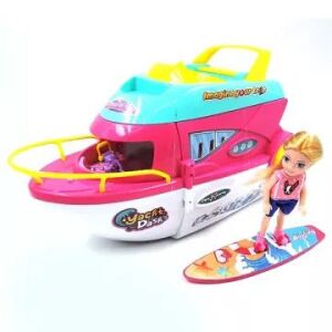 Lakóhajó szett babával: Różowo-biała zabawka łódź mieszkalna z lalką i deską surfingową - Manyuk Toys