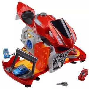 Parkolóvá alakítható motor - piros játék motor, amely parkolóházzá alakul kisautókkal, oldalnézet - Manyuk Toys