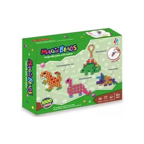 Súprava na výrobu kľúčeniek s dinosaurom Magic Beads, obsahuje farebné korálky a rozprašovač vody na montáž