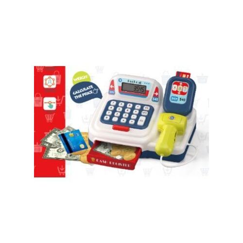 Niebiesko-biała zabawkowa kasa fiskalna z zabawkowe pieniądze i karta kredytowa, widok z boku.