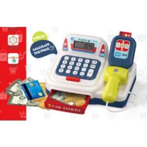 Kék és fehér játék pénztárgép játékpénzzel és bankkártyával, oldalnézet. - Manyuk Toys