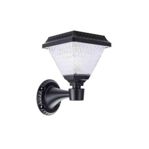 Black solar powered wall lamp with square solar panel and clear glass shade