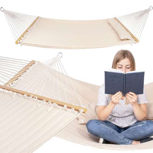 Springos three-person hammock in use, relaxing in a beige hammock