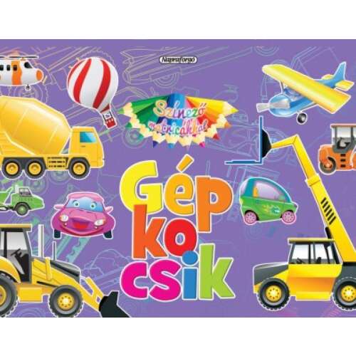 Színező könyv matricákkal gyerekeknek, járművekkel, mint autók, teherautók, repülőgépek és építőipari gépek