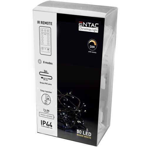 Entac Weihnachtslicht-Lichterkette, 50 warmweiße LEDs, 5 m lang, IP44 wasserdicht, mit IR-Fernbedienung, 8 Modi, Timerfunktion, batteriebetrieben