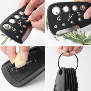 Colaj detaliat al setului de gadgeturi de bucătărie Flippy 6 în 1: tocator de plante aromatice, presă de usturoi, răzătoare și întregul set - Răzători