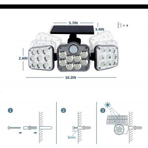 Napelemes mozgásérzékelős biztonsági lámpa 3 LED panellel, 120 fokban állítható, 138 LED, 25m2 lefedettség, IP65 vízálló, 3-5m érzékelési távolság, 8-10 óra világítási idő, 4-6 óra töltési idő, 6500K hideg fehér fény, 3.7V 2400mAh Li-ion akkumulátor, 1.8W/5.5V napelem - Napelemes lámpa