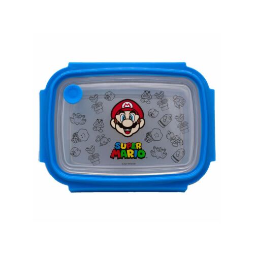 Super Mario rozsdamentes acél uzsonnás doboz kék fedéllel és átlátszó fedéllel, Super Mario karakterekkel - Babatáplálás