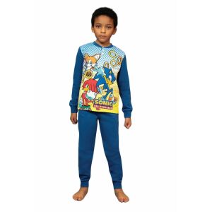 Pijamale băieți Sonic the Hedgehog, tricou albastru cu mânecă lungă cu imprimeu Sonic, Tails și Knuckles, pantaloni albaștri - Sonic Pijamale pentru copii, cămăși de noapte