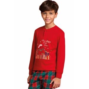 Piros karácsonyi pizsama fiúknak, medvével ajándékokkal és a 'Best Boy of the Year' felirattal, hosszú ujjú és kockás nadrággal - Baba & Gyerek divat