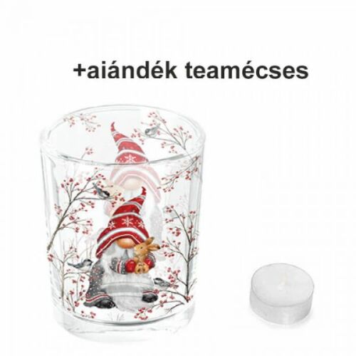 Karácsonyi manó nyuszival üveg mécsestartó - 5,5x6 cm - Dwarf Hug 114592353