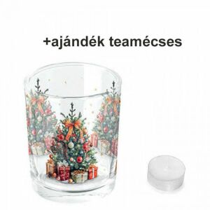 Karácsonyi üveg mécsestartó 5,5x6 cm - karácsonyfa ajándékokkal - Dekorated Christmas tree 114592360 - Mécsestartó
