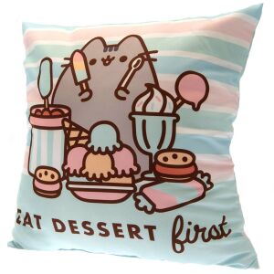 Pusheen Desszert Párna, Négyzet Alakú Párna 'Eat Dessert First' Szlogennel - Díszpárna