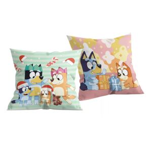 Pernă decorativă Bluey de Crăciun, 40x40 cm, imprimată pe ambele părți cu personaje Bluey cu tematică de Crăciun. - Perne decorative
