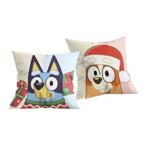 Bluey Weihnachtsdekokissen, 40x40 cm, mit Bluey mit Geschenk und Bingo mit Weihnachtsmannmütze - Dekorative Kissen
