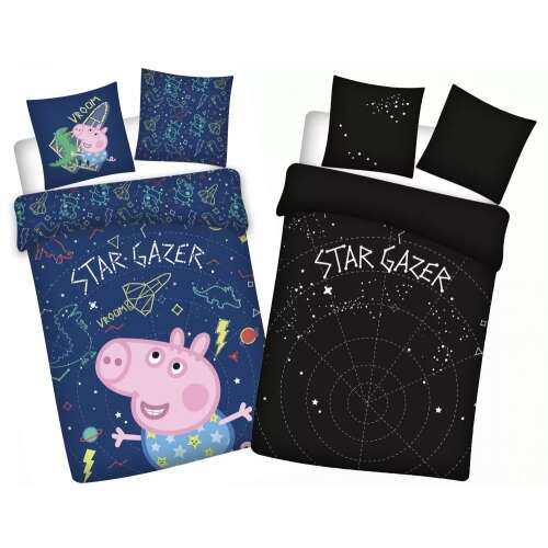 Peppa Pig Star Gazer glow in the dark bedding set for kids, featuring a blue duvet cover with Peppa Pig and a black duvet cover with stars