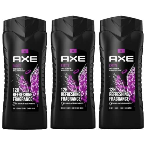 Axe Excite душ гел 3 опаковки, 3 в 1 за тяло, лице и коса, свеж аромат на кокос и черен пипер, 12 часа освежаващ аромат