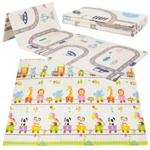 Springos Foldable Baby Play Mat 150x200cm with Car Track and Animal Train Designs
