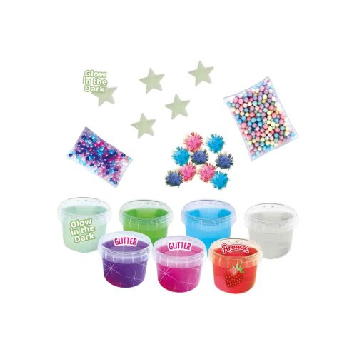 SES Creative Slime Mix It Mania, Slime-Bastelset mit 7 Slime-Dosen, leuchtet im Dunkeln, Glitzer, Perlen, Pompons und mehr