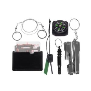 Set de supraviețuire Isotrade 7 în 1 cu busolă, unealtă multifuncțională, aprinător de foc, fluier, ferăstrău și card de supraviețuire - Cuțite de vânătoare și de supraviețuire