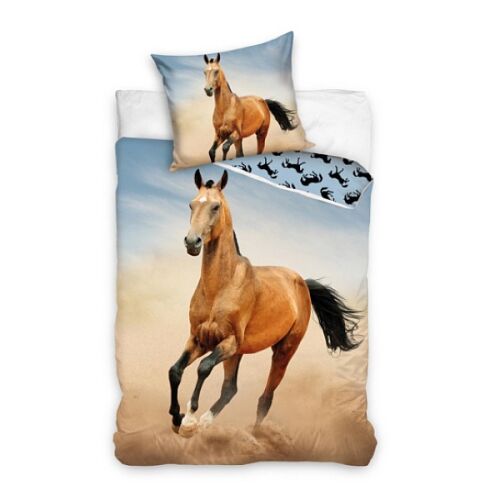 Lovas ágynemű szett, 140x200 cm, barna ló fut, paplanhuzat és párnahuzat, 100% pamut