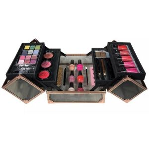 Комплект за грим Technic Black & Rose Gold Beauty Case, отворен с различни козметики - Technic