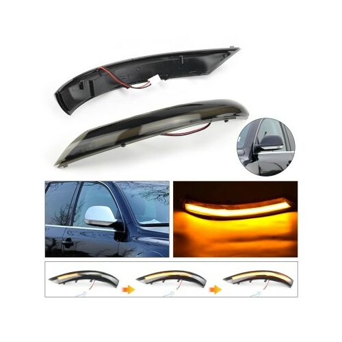 Sada 2 dynamických LED smeroviek do spätných zrkadiel pre VW Touareg 1 7L Facelift 2007-2011, zobrazujúca inštaláciu a svetelný efekt