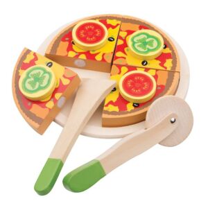 Zestaw do krojenia pizzy New Classic Toys: Drewniana pizza z odłączanymi kawałkami, nożem do pizzy i szpatułką. Idealny do zabawy w udawanie! - Przybory kuchenne do zabawy