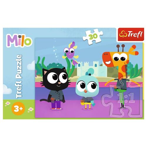 Trefl Milo pisica 30 de piese puzzle, cu Milo pisica, o girafa, o pasare si un peste