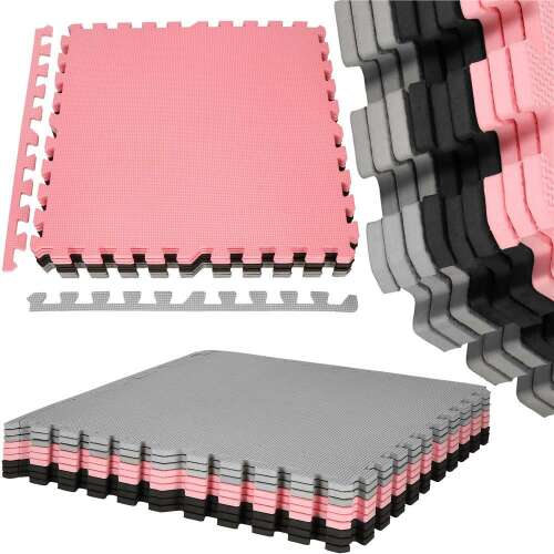 Springos puzzle play mat, pink, grey, and black foam tiles stacked, side view