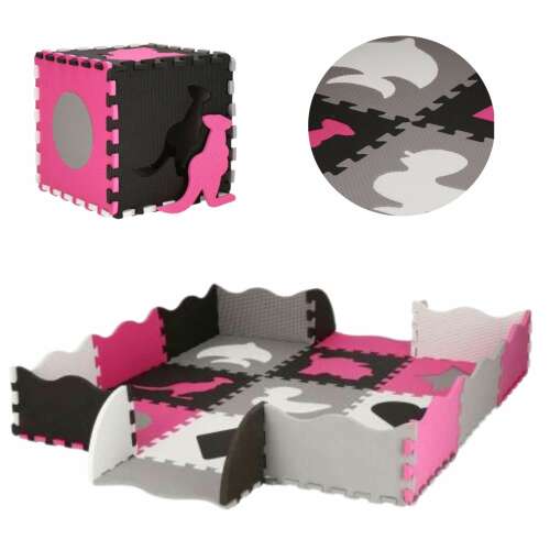 Springos podloga od pjene s motivom životinja i oblika, ružičasta, crna i siva, sastavljena s kockom i rubovima