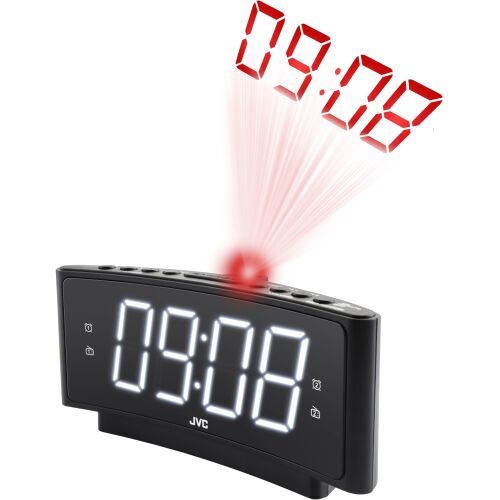 JVC RA-E314B Projection Alarm Clock with FM Radio, USB-C Charging, and Battery Backup