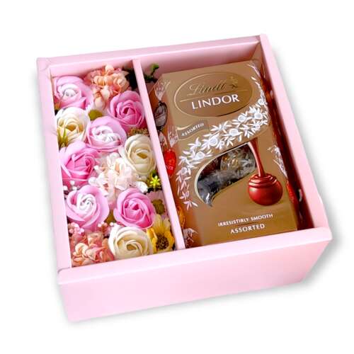 BoxEnjoy ajándékdoboz Lindor Assorted csokoládéval és szappanrózsákkal