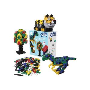 Zestaw klocków Nano Clics z 500 elementami, w tym dinozaurem, drzewem i domem, idealny do kreatywnego budowania i zabaw. - Clics