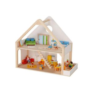Goki fából készült babaház két emelettel, fehér és natúr fa színben, teljesen berendezett bútorokkal és babákkal, játékkészlet - Goki
